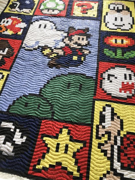 Mario Quilt Pattern, Mario Quilt, Pixel Quilting, Quilt Sewing Patterns, Start Quilting, Free Motion Quilt Designs, Baby Boy Quilts, Super Mario Brothers, Boy Quilts