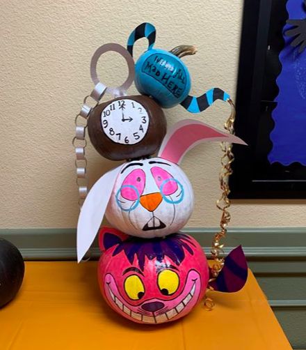 Book Character Pumpkins Harry Potter, Mad Hatter Pumpkin, Mad Hatter Pumpkin Painting, Ursula Painted Pumpkin, Pumpkin Painting Ideas Alice In Wonderland, Willy Wonka Pumpkin, Awesome Pumpkin Decorating Ideas, Book Related Pumpkin Decorating, Crazy Pumpkin Painting Ideas