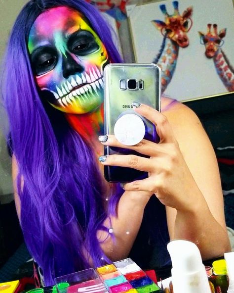 Fantasy Makeup Rainbow Neon Skull makeup UV Light makeup Face Paint INSTAGRAM: @iridescent.amy Catrinas Neon Makeup, Rainbow Skeleton Makeup, Neon Skeleton Makeup, Rainbow Skull Makeup, Rainbow Clown Makeup, Neon Clown Makeup, Neon Skull Makeup, Halloween Maquillaje, Creative Halloween Makeup