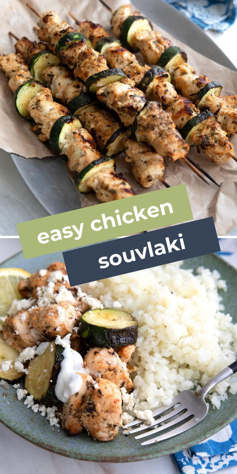 Two photo collage of chicken souvlaki skewers with cauliflower rice. Chicken Souvlaki Marinade, Souvlaki Chicken, Souvlaki Skewers, Greek Goodness, Souvlaki Marinade, Keto Greek, Keto Entrees, High Protein Recipes Dinner, Souvlaki Recipe