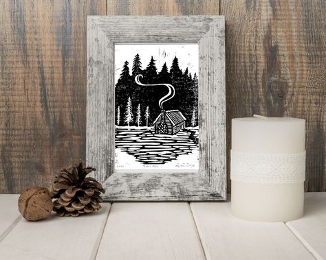 Print off this winter cabin art at home! It was created using a linocut print and signed by me, the artist! Winter Block Print, Winter Linocut, Print Christmas Card, Lino Art, Cabin Art, Small House Decorating, Lino Cut, Linocut Art, Winter Cabin