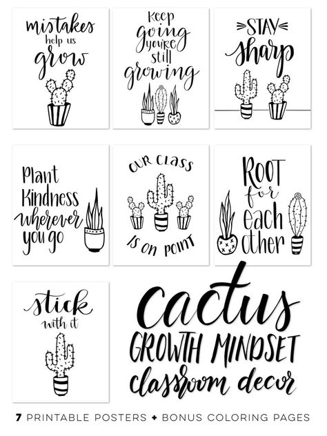 Cactus Classroom Decor Growth Mindset Printables Classroom | Etsy Classroom Decor Cactus, Cactus Themed Classroom, Diy Classroom Decorations High School, Cacti Decoration, Cactus Sayings, Plant Themed Classroom, Easy Classroom Decor, Plant Classroom Decor, Succulent Classroom