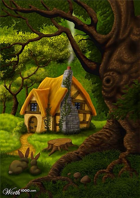 ART~ If This Whimsical House In The Forest Looks Funny, It's Because It Was Designed NOT For You.....But For A Bunny! Cottage Illustration, Fantasy Cottage, Enchanted Cottage, 동화 삽화, Storybook Cottage, Cute Cottage, Cottage In The Woods, Fantasy Forest, House Illustration