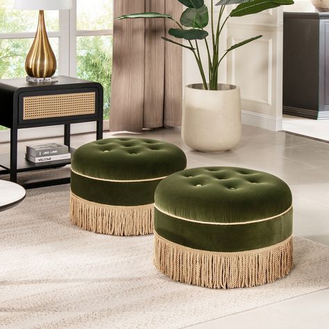 Add a chic and stylish accent to your modern living space. The Yolanda 24" Round Ottoman by Jennifer Taylor Home features hand-pulled button tuftings and tassel rope bullion fringe for a lovely vintage flair. Use the ottoman as a footrest, side table, or extra seating in a pinch Round Ottoman With Fringe, Ottoman With Fringe, Bullion Fringe, Accent Ottoman, Home Hall Design, Jennifer Taylor, Hall Design, Round Ottoman, Extra Seating