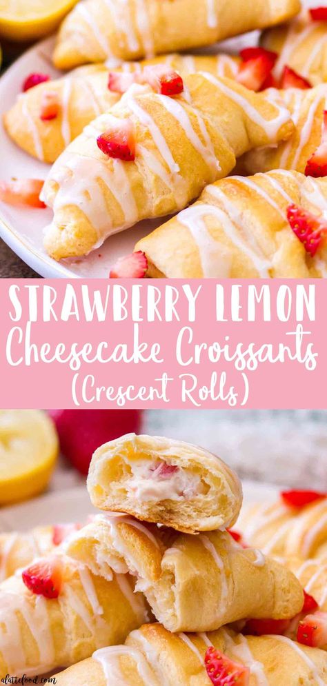 These easy strawberry lemon cheesecake croissants (aka strawberry lemon cheesecake crescent rolls) are made with just 6-ingredients! No bake strawberry lemon cheesecake filling is stuffed inside of crescent roll dough and baked until golden brown and topped with a homemade lemon glaze!  #lemon #strawberry #dessert #recipe Strawberry Lemon Cheesecake, Lemon Cheesecake Filling, Cheesecake Crescent Rolls, Crescent Roll Dessert, Crescent Roll Cheesecake, Cheese Cake Filling, Fruit Tart Recipe, Crescent Recipes, Citrus Recipes