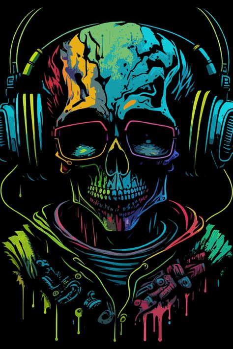 Skull Listening To Music, Skull Artwork, Skull Art, Dexter, Listening To Music, Music Lovers, Rock N Roll, Colorful Art, Skeleton