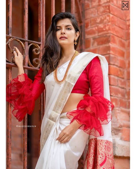 blouse sleeves, saree blouse sleeves Desi Lehenga, Long Saree Blouse Designs, Pattern Blouses, Blouse Necklines, Saree Ideas, Blouse Designs Catalogue, Saree Draping Styles, Full Sleeve Blouse, Kerala Saree