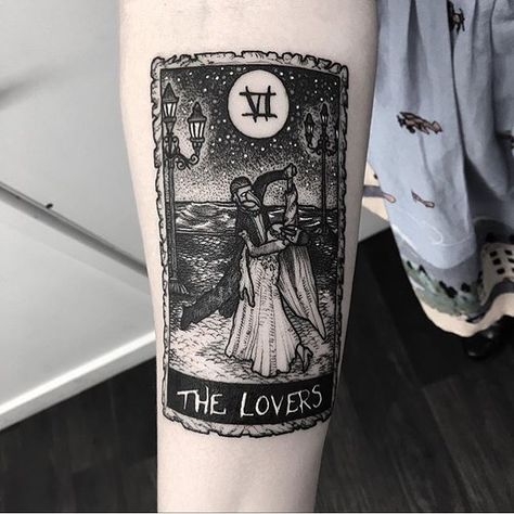 Tarot card ‘The lovers’ tattoo inked on the right inner arm Tarot Card Tattoo Meaning, The Lovers Tarot Card Tattoo, The Lovers Tattoo, Tattoo Placement Arm, Lovers Tattoo, Lovers Tarot Card, Back Of Arm Tattoo, Tarot Card Tattoo, Tarot Tattoo