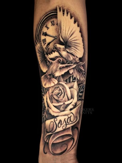 Half Sleeve Tattoos For Women Upper Arm Memorial, Tattoos To Represent Mom, Clock Tattoos For Women Half Sleeves, My Grandma Keeper Tattoo, Memorial Sleeve Tattoos, Rip Tattoos For Grandparents Sleeve, My Mother’s Keeper Tattoo, Memorial Sleeve Tattoos For Women, Dove And Rose Tattoo