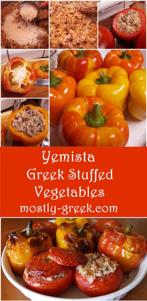 Yemista Greek With Meat, Yemista Recipe, Gemista Recipe, Greek Stuffed Tomatoes, Greek Stuffed Peppers, Greek Home, Sweet Pepper Recipes, Stuffed Peppers Beef, Stuffed Vegetables