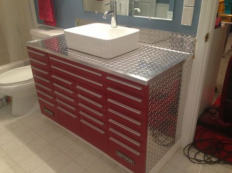 Craftsman Tool Box Vanity with Vessel Sink Toolbox Sink Bathroom, Vanity With Vessel Sink, Goodwill Store, Vessel Sink Vanity, Garage Bathroom, Craftsman Tools, Ultimate Garage, Shop Bathroom, Boys Bathroom