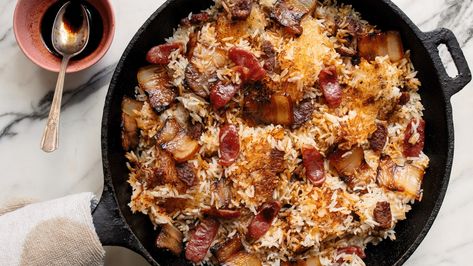 Make the Crispiest Clay Pot Rice in a Cast-Iron Skillet | Epicurious Lap Cheong, Chestnut Stuffing, Cooking Chinese Food, Wok Of Life, Rice Skillet, Meat Seasoning, Crispy Rice, Iron Skillets, Chinese Dishes