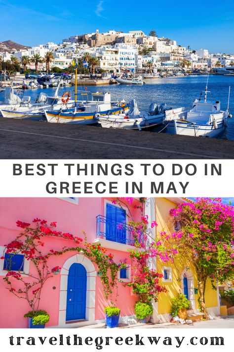 A View from a Port with Fishing Boats and Some Houses on the Hill. Colorful Houses With Flowers on a Greek Island. Greece In The Spring, Greece In May, Greece Activities, Athens Beach, Things To Do In Greece, To Do In Greece, Athens Metro, Ancient Olympia, Greece Culture