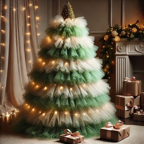 Christmas Tree With Tulle, Tulle Tree, Tulle Christmas Tree, Tulle Draping, Tulle Christmas Trees, Alyssa Coscarelli, Autumn Window Display, Autumn Window, Winter Celebration