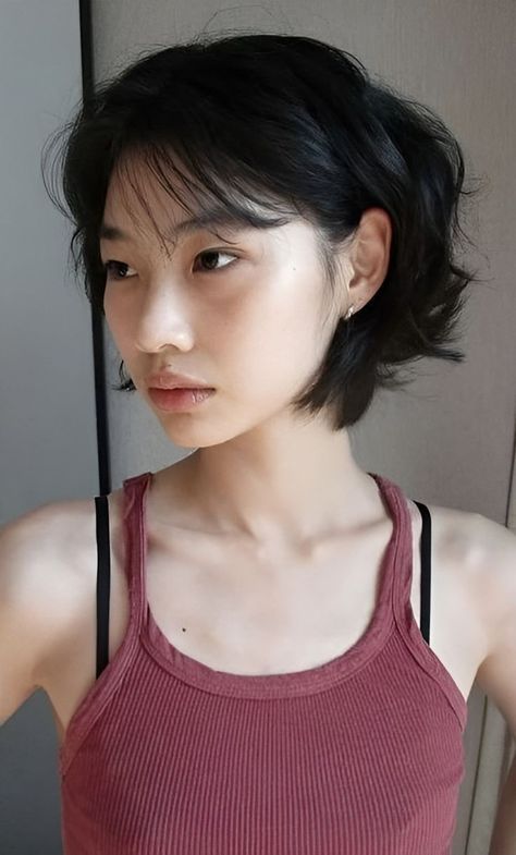 Hoyeon Haircuts, Bob Hairstyle No Bangs, Short Haircut Outfits For Women, Unusual Short Haircuts, Asian Woman With Short Hair, Rough Hair Styles Women, Chunky Layered Bob, Short Hair Bangs Asian, Asian Haircuts Short