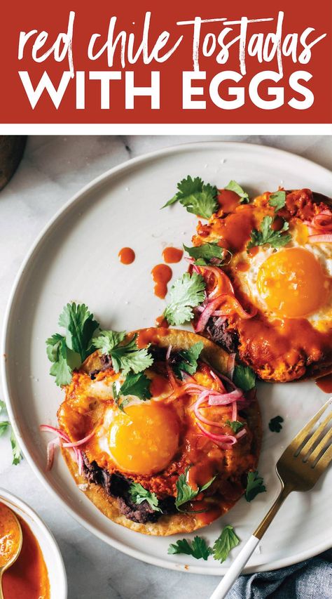 We're making Red Chile Tostadas with Eggs! We're talking creamy, crunchy, drippy, and tangy - the absolute perfect flavor combination. #tostada #egg #easyrecipe Red Chili Tostadas With Eggs, Random Dinner, Dream Breakfast, Breakfast Crunchwrap, Buffet Ideas, Red Chile, Breakfast Bites, Breakfast Meal, Eggs Recipe