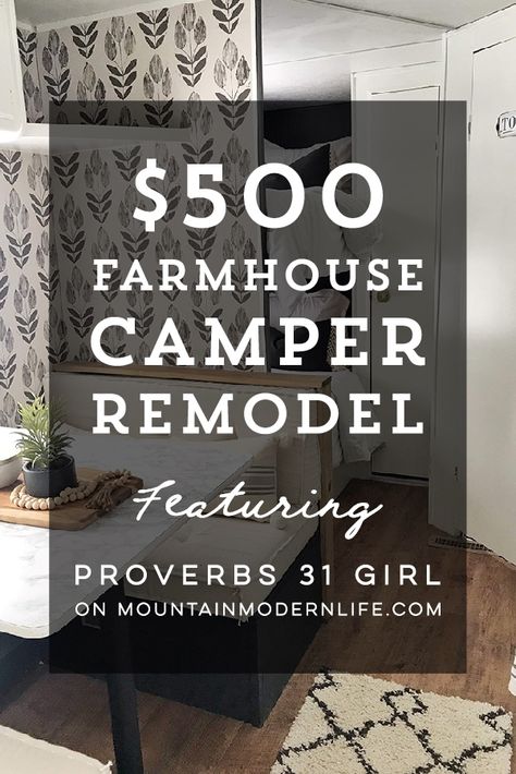 Tour this budget-friendly farmhouse camper that was transformed for $500 by Proverbs31Girl! Featured on MountainModernLife.com #camperremodel #campertour #designvibes #campermakeover #diycamper #camperrenovation #farmhousecamper #budgetcamper #tinyhomecamper #wanderlust #rvdecor #modernfarmhouse Modern Farmhouse Camper, Vintage Camper Interior Ideas, 5th Wheel Remodel, Camper Interior Ideas, Farmhouse Camper, Rv Redo, Vintage Camper Interior, Glamper Camper, Rv Interior Remodel