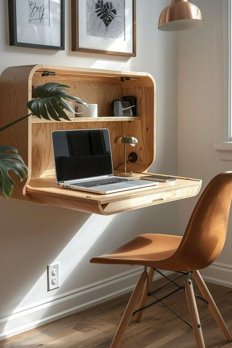 Pull Out Desk From Wall, Tiny Home Desk Space, Concealed Desks, Creative Desk Ideas Small Spaces, Hidden Desk Unit, Fold Up Office Desk, Small Living Room Ideas Apartment With Computer Desk, Office Simple Decor, Floating Desks For Office