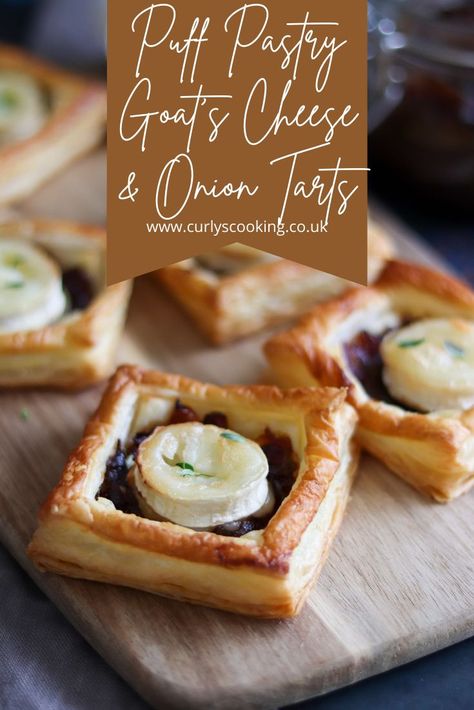 Flaky puff pastry encasing sweet caramelised onion chutney and creamy goat's cheese. These Puff Pastry Goat's Cheese & Onion Tarts are simple yet so delicious. Goat Cheese Puff Pastry, Spinach And Goat Cheese, Caramelised Onion Chutney, Caramelised Onion Tart, Puff Pastry Recipe, Onion Chutney, Goat Cheese Tart, Pastry Appetizer, Cheese Puff