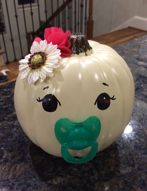 Pumpkin With Pacifier, Baby Pumpkin Decorating Ideas, Pumpkin Pacifier, Infant Toddler Classroom, Pumpkin Theme Baby Shower, Diy Baby Shower Centerpieces, Pumpkin Paint, Pumpkin Contest, Toddler Classroom