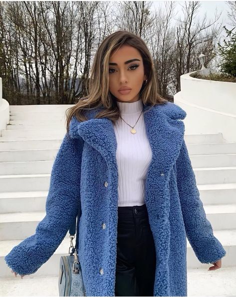 Blue Fuzzy Jacket Outfit, Blue Fur Jacket Outfit, Blue Winter Outfits For Women, Blue Teddy Coat Outfit, Baby Blue Jacket Outfit, Blue Fur Coat Outfit, Blue Winter Outfits, Fluffy Coat Outfit, Blue Fluffy Jacket