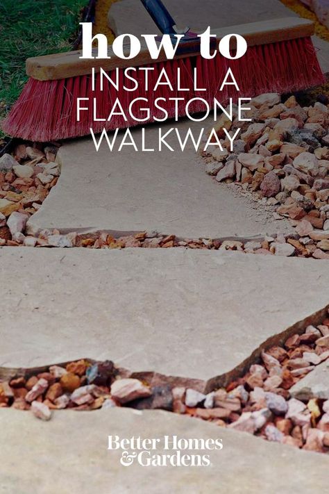 Landscape With Flagstone, Slate Stepping Stones Pathways, Cheap Front Walkway Ideas, Making A Pathway, Pavers For Walkway Pathways, Paved Walkway Ideas Pathways, Flagstone And River Rock Pathway, Diy Yard Pathway, Flagstone Pavers Walkway