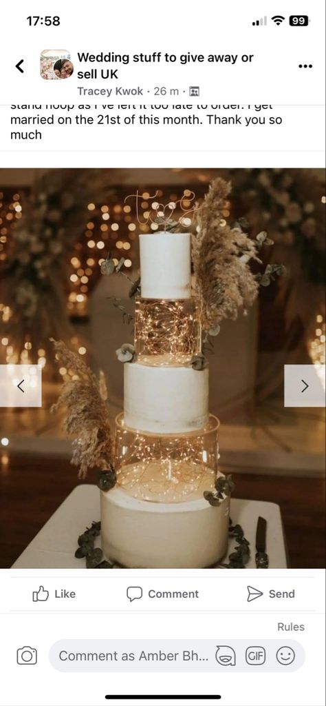 Nye Wedding Cake Ideas, Gold Foil On Cake, Wedding Cake Fairy Lights, Wedding Cake With Lights Inside, Wedding Cakes With Lights, Wedding Cake With Fairy Lights, Light Up Wedding Cake, Fairy Light Cake, Wedding Cake With Lights