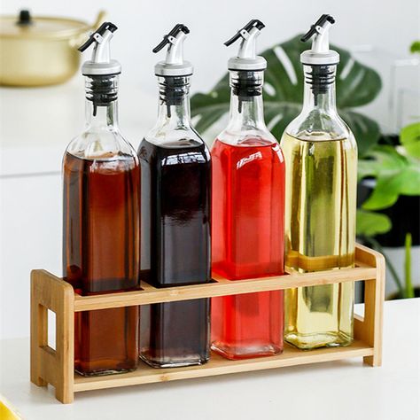 Square Glass Jars, Drip Design, Vinegar Dispenser, Glass Dispenser, Olive Oil Dispenser, Wooden Rack, Olive Oil And Vinegar, Olive Oil Bottles, Oil Dispenser