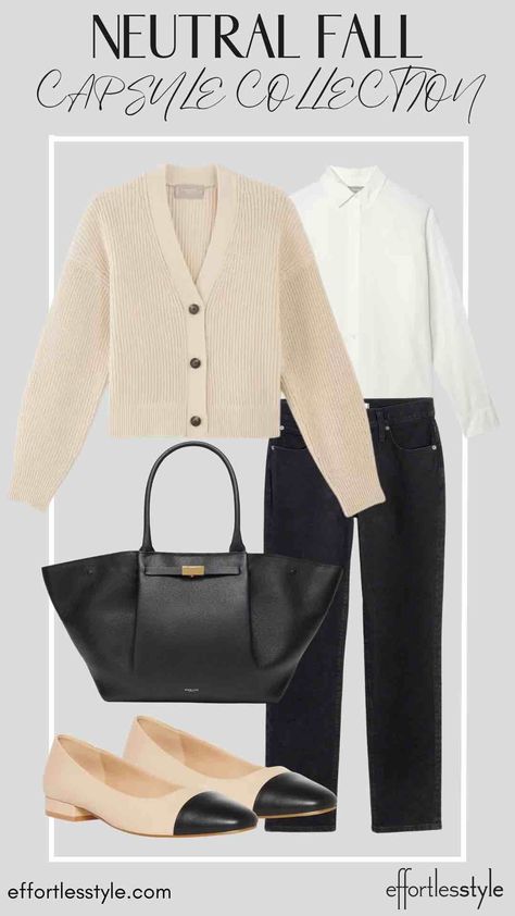 How To Wear Our Neutral Fall Capsule Wardrobe Cardigan & Black Jeans classic looks for fall timeless looks for fall how to wear ballet flats with jeans how to wear black jeans to the office how to style black jeans for work Cream Top And Jeans Outfit, How To Wear Black Jeans, Ivory Cardigan Outfit, Boyfriend Cardigan Outfit, Cardigan Outfit Black, Flats With Jeans, Beige Cardigan Outfit, Outfit Black Jeans, Cardigan With Jeans