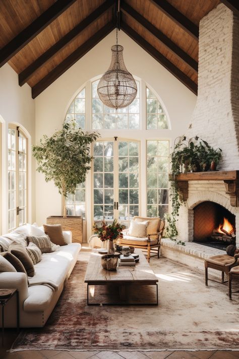 30 Cozy French Cottage Living Room Decor Ideas French Country Style Decor, Spanish Cottage Living Room, Luxury Cottage Interior, City House Interior, Vintage Fireplace Ideas, Tall Ceiling Living Room Decor, Home Styles Types Of Interior, Spanish Fireplace, Organic Transitional