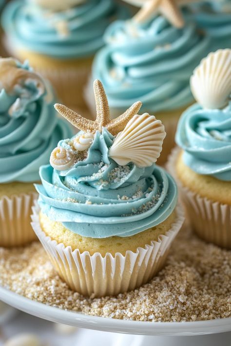 Beach-Themed Cupcakes: Creative and Delicious Summer Treats Blue Buttercream Frosting, Beach Hangout, Ocean Cupcakes, Beach Theme Cupcakes, Cherry Dump Cake Recipe, Beach Cupcakes, Cherry Dump Cake, Ocean Cakes, Coastal Inspiration