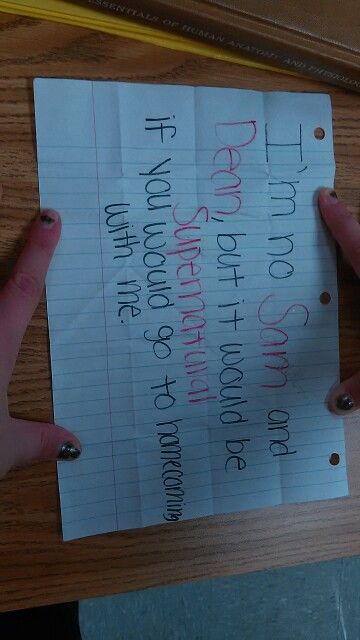 Supernatural Homecoming Proposal Supernatural Promposal, Promposal Ideas, Cute Homecoming Proposals, Hoco Proposals, Hoco Proposals Ideas, Supernatural Funny, Prom Proposal, Homecoming Proposal, Supernatural