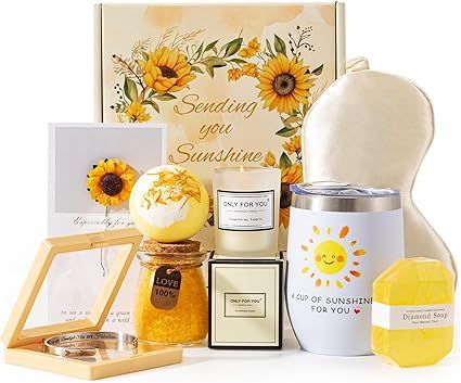 Sending a Sunshine& love In a Box: This is a gift baskets for women that symbolizes positivity, health and happiness or simply to brighten someone's day.

Pamper Sets for Women Gifts: Contains 9 pieces of interesting little things that will give her a surprise！Contant: 1 * Candle, 1 * Diamond Bar Natural Soap, 1 * Bath Ball, 1 * Bath Salt, 1 * Coffee Tumbler, 1 * Eye Mask, 1 * Inspirational Bracelets ,1 * Sunflower Greeting Card, 1 * Gift Box. Christmas Presents Ideas, Women Self Care, Self Care Package, Sunflower Birthday, Presents Ideas, Relaxation Spa, Gift Baskets For Women, Bath Ball, Sunflower Gifts