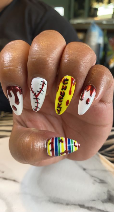 Chuky Doll Nails, Chucky Nail Designs, Halloween Nail Inspo Chucky, Chucky Themed Nails, Chucky Inspired Nails, Acrylic Nails Coffin Short, Acrylic Nails Coffin, Gorgeous Nails, Coffin Nails