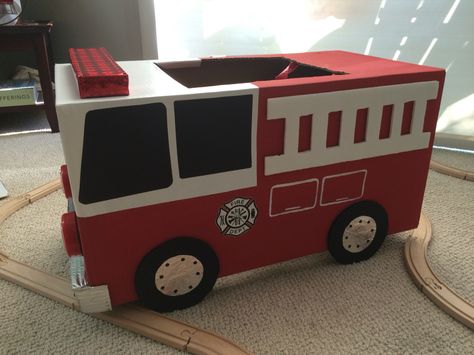 Fire Truck Valentines Boxes, Cardboard Fire Truck, Cardboard Fire, Family Themed Halloween Costumes, Cardboard Box Car, Kids Valentine Boxes, Handmade Decorative Items, Firetruck Birthday Party, Themed Halloween Costumes