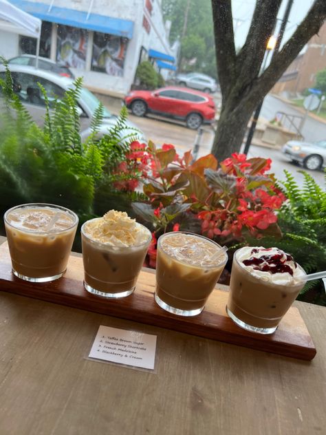 Iced latte flight coffee flight coffee shop rainy day coffee shop aesthetic Rainy Day Coffee Shop, Coffee Flights, Rainy Day Coffee, Coffee Shop Food, Flight Aesthetic, Coffee Flavors, Artsy Aesthetic, Spring Coffee, Coffee Shop Aesthetic