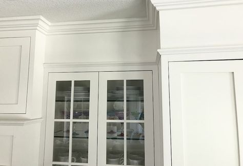 How to Fill Space between Cabinets and Ceiling | Caroline on Design Kitchen Cabinet Molding To Ceiling, 9foot Ceiling Cabinets, Header Above Kitchen Cabinets, 42 Inch Cabinets Kitchen 10 Foot Ceiling, Kitchen Cabinets 10 Foot Ceilings, Craftsman Renovation, Kitchen Cabinets To Ceiling, Cabinets To Ceiling, Tall Kitchen Cabinets