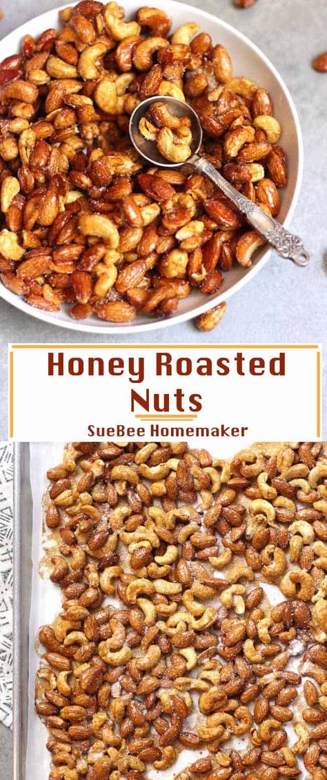 Honey Roasted Nuts are a simple mixture of nuts, honey, a few spices, and a little bit of sugar. Just 15 minutes in the oven, and serve them warm or cold! | suebeehomemaker.com | #honeyroastednuts #honeyroasted #nuts #flavorednuts Roasted Nuts Recipe, Flavored Nuts, Honey Roasted Peanuts, Homemade Bread Recipes Easy, Nut Recipes, How To Roast Hazelnuts, Roasted Nuts, Charcuterie Recipes, Candied Nuts