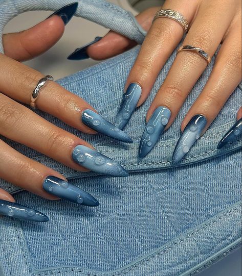 Green And Blue Ombre Nails, Rain Nail Art, Water Nails Acrylic, Teardrop Nails, Blue Fairy Nails, Baby Blue Nails Almond, Waterdrop Nails, Blue Airbrush Nails, Baby Blue French Nails