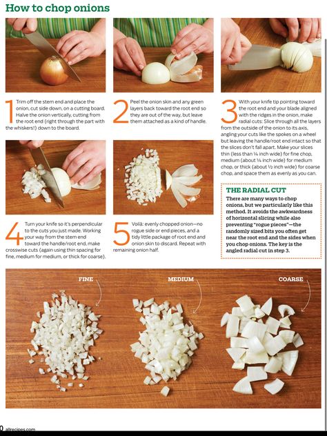 Techniques - Chopping Onions Food Plating Design, Culinary Basics, Chopping Onions, Homemade Cookbook, Culinary Cooking, Healthy Life Hacks, Culinary Techniques, Food Infographic, Food Tech