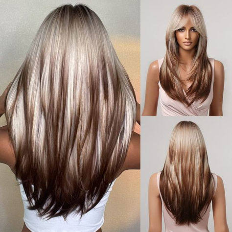 Gray Hair With Bangs, Long Straight Layered Hair, Grey Hair With Bangs, Wigs For White Women, Brown To Blonde Ombre, Grey Blonde Hair, Straight Layered Hair, Faux Hair, Straight Wigs