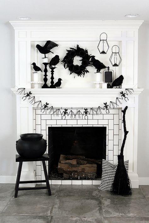 Halloween Mantel Decor, Halloween Mantle Decor, Halloween Fireplace, Black White Halloween, Black And White Halloween, Halloween Mantle, Feather Wreath, Halloween Mantel, Fall Bedding