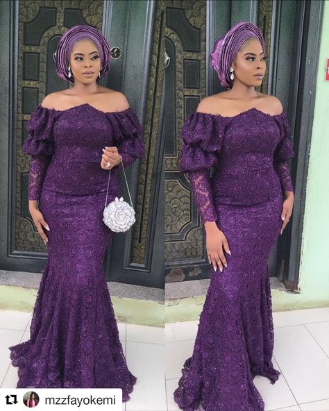 weddingguest on Instagram: “#Repost @mzzfayokemi (@get_repost) ・・・ It’s my best friend’s wedding and of course I had to slayyyyy Outfit: @kmcouture_ng Makeup:…” Lace Styles For Wedding, Nigerian Lace Dress, Aso Ebi Lace, Aso Ebi Lace Styles, Nigerian Lace Styles, Purple Lace Dress, African Lace Styles, Lace Gown Styles, Lace Dress Styles