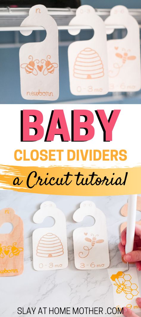 Learn how to cut wood and vinyl to make these adorable gender-neutral closet dividers with your Cricut! Closet dividers are great for helping organize your baby's closet by sorting clothes by size. These closet organizers make great gifts for baby showers as well! #slayathomemother #nursery #organization #closet #cricut #cricutcrafts #babyshowergifts Cricut Nursery, Diy Size Dividers, Clothes Dividers For Closet, Diy Clothes Dividers, Closet Size Dividers Diy, Closet Divider Template, Onsie Organizing, Cricut Baby Gifts, Diy Nursery Closet Dividers