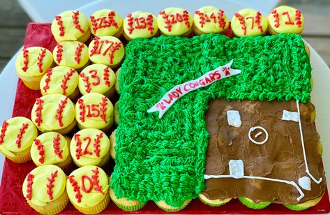 Softball Pull Apart Cupcakes, Softball Cupcake Cake, Softball Cupcakes Ideas, Softball Desserts, Softball Birthday Cakes, Softball Treats, Softball Cupcakes, Softball Banquet, Softball Birthday Parties