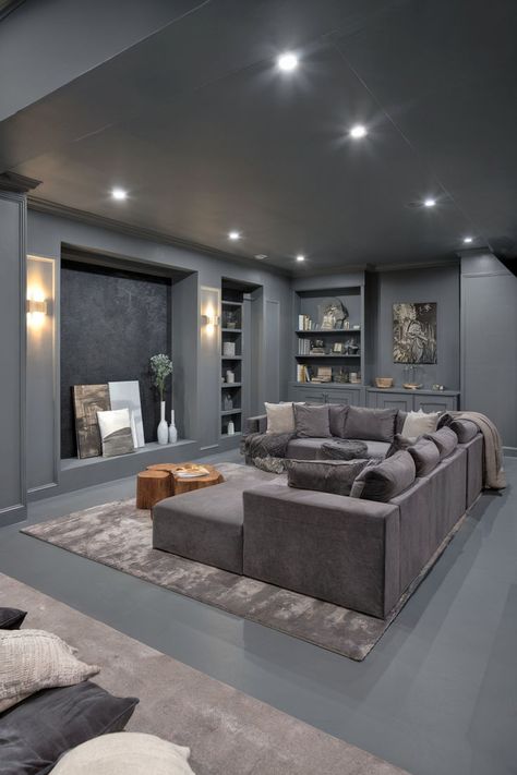 A cozy basement in shades of grey, with soft textures and layered lighting that create a serene and stylish retreat. Grey Basement Ideas, Grey Basement, Gray Basement, Cozy Basement Ideas, Basement Designs, Basement Room, Cozy Ideas, Large Sectional Sofa, Cozy Basement