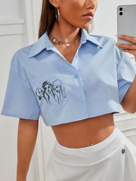 Camisa Crop Top Outfit, Crop Tops With Jeans, Purple Top Outfit, Crop Shirts For Women, Casual Blouse Designs, Blue Shirt With Jeans, Stylish Crop Top, Shirt Crop Top, Crop Top With Jeans