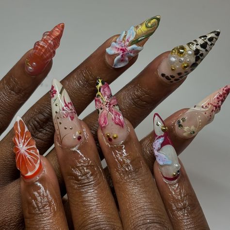 flowers & prints 🐅🌺 #nailart #flowernails #animalprint #animalprintnails #londonnailtech Almond Shape Pink Nails, Nails Almond Shape Pink, Summer Inspo Nails, Nails Festival, Good Luck Girl, Flowers Prints, Boho Nails, Summer Acrylic, Nails 3d