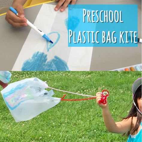 Hands-On Activities for Preschoolers: Plastic Bag Kite- Great summer outdoor activity for nature and wind lesson! Wind Activity For Preschool, Windy Activities Preschool, Windy Weather Activities Preschool, Preschool Wind Activities, Wind Activities For Toddlers, Prek Outdoor Activities, Air Activities For Preschoolers, Wind Activities For Kids, Wind Preschool Activities