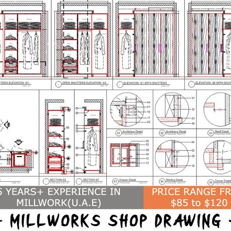 I will make millwork 2d enhanced detailed shop drawings Closet Detail Drawing, Wardrobe Working Drawing, Working Drawings Architecture Details, Wardrobe Detail Drawing, Wall Elevation, Furniture Details Drawing, Croquis Architecture, Furniture Drawing, Architecture Renovation